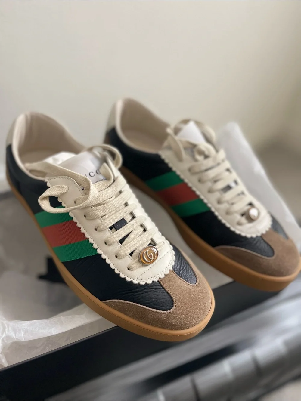 Gucci Black Leather Sneakers with Green & Red Web and Brown Suede Toe